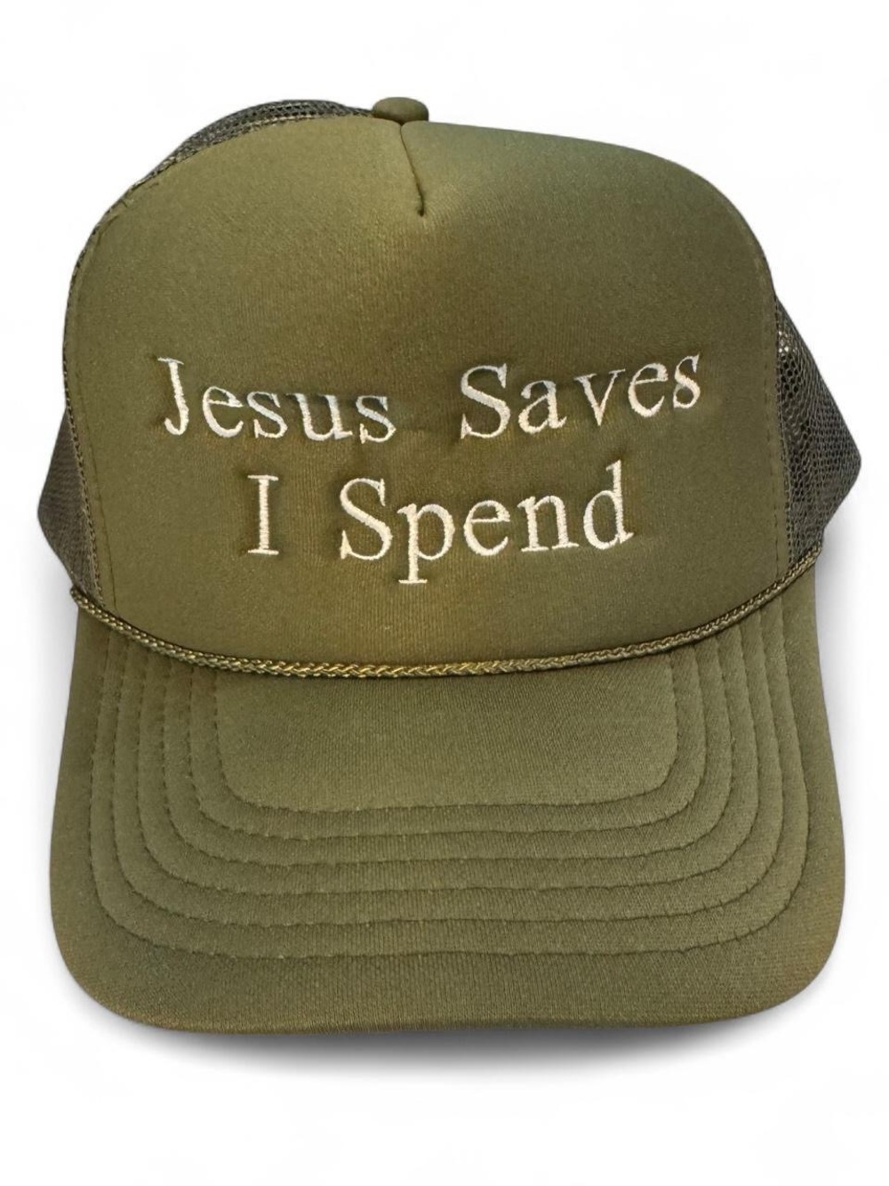 New* Green Trucker Hat with "Jesus Saves I Spend" Embroidery